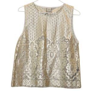 NWT Zara Collection Crew Neck Sleeveless Metallic Coated Lace Tank Gold Small